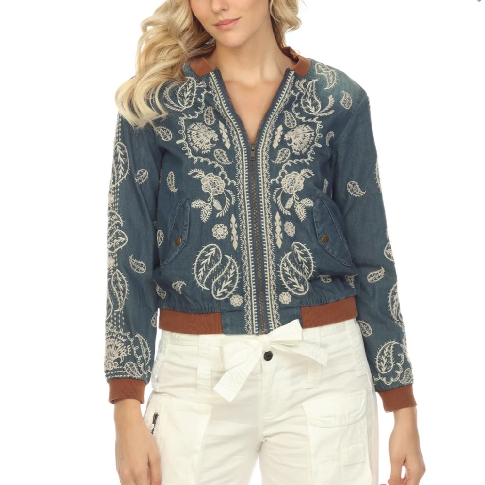 Johnny Was Mahalia Embroidered Denim Bomber Jacket Sz. Small